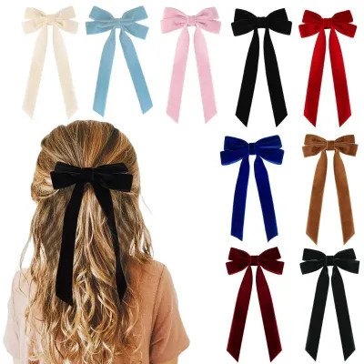 Barrette à cheveux en velours et long ruban