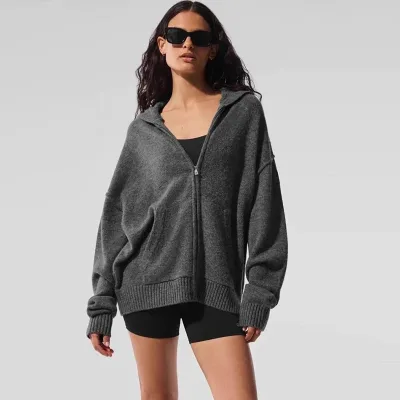 Cardigan à capuche zippé, couleur unie